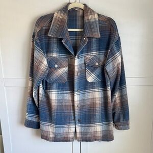 Plaid Button-Up lightweight Shacket in Blue, Brown & Cream. Size medium.